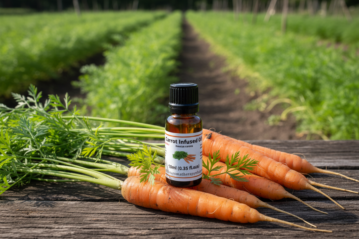 Carrot Infused Oil bottle on natural outdoor surface with carrots
