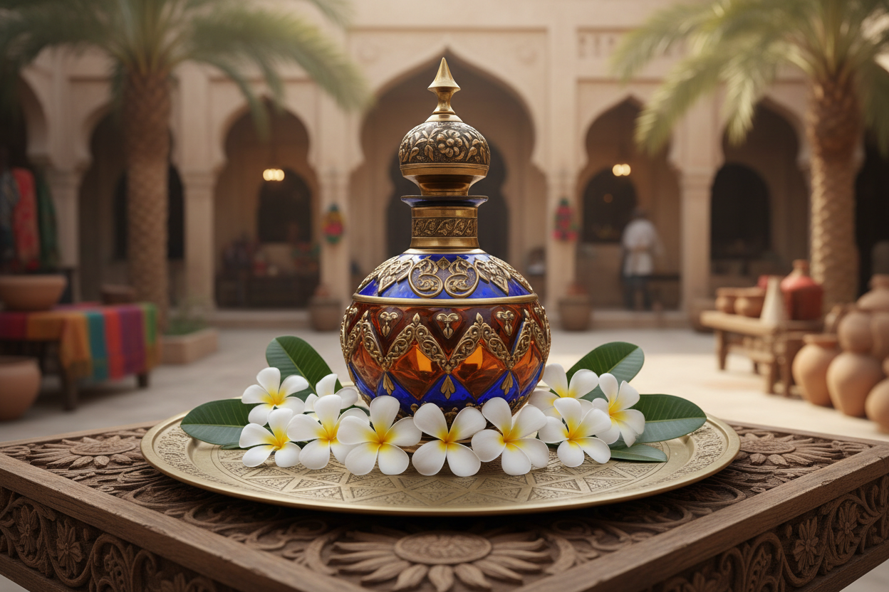 Champa Attar with colored glass bottle and authentic background