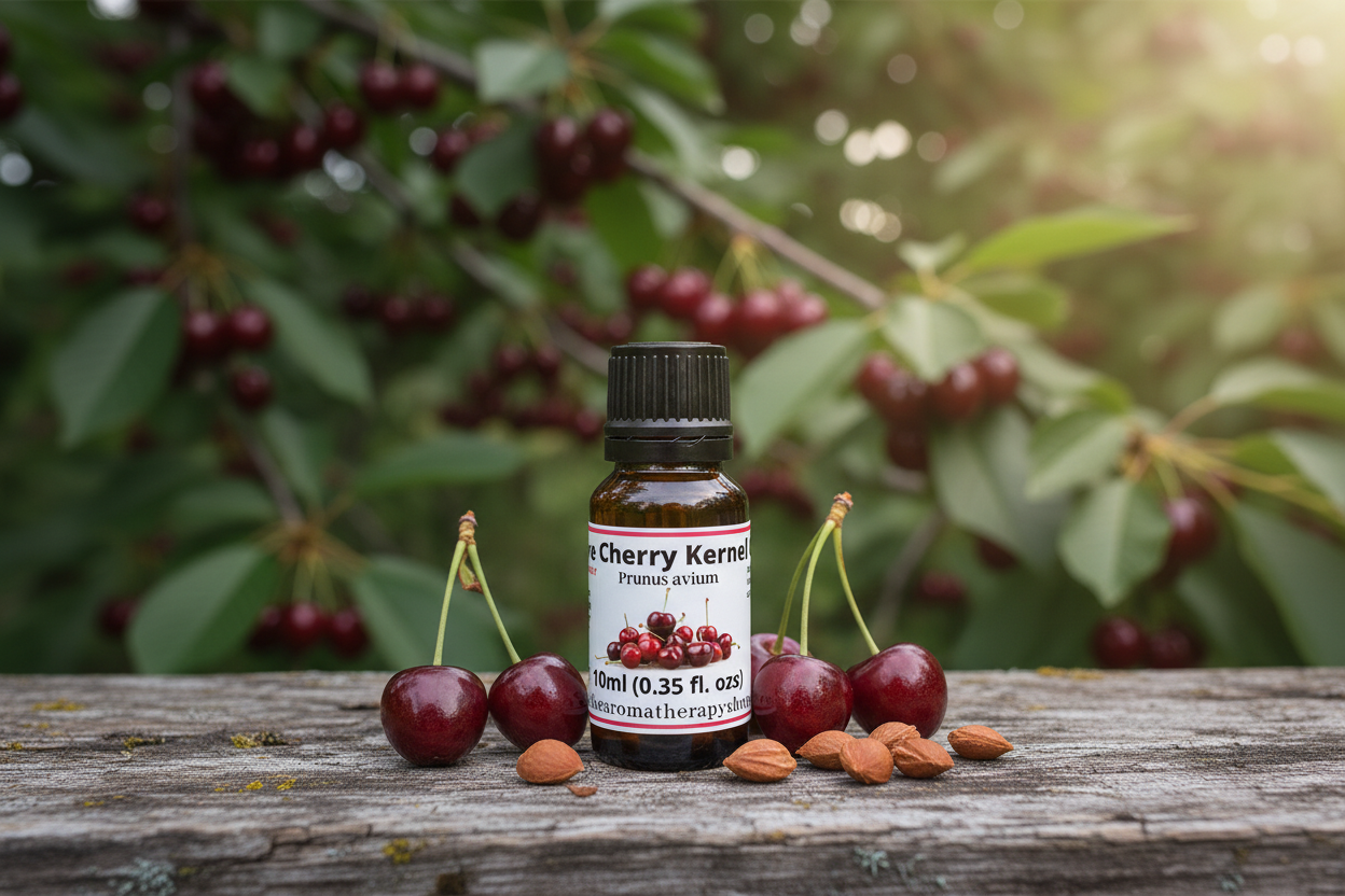 Cherry Kernel Oil bottle on natural wooden surface with cherries