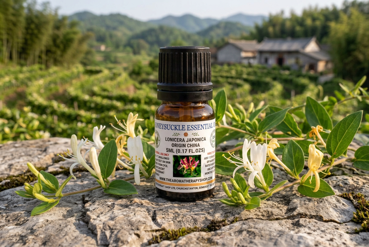 Chinese Honeysuckle 5ml showcase with life-sized Lonicera japonica stems on natural limestone in a Chinese countryside setting