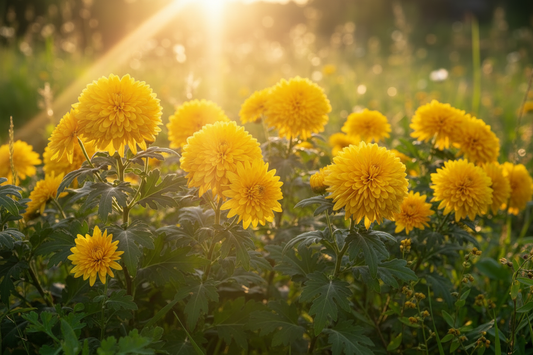 Chrysanthemum Flowers with Shaft of Sunlight