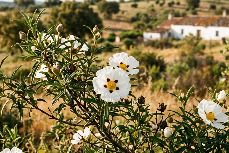 Cistus labdanum flowers and foliage in a Spanish countryside setting, landscape 3:2, without a bottle or display surface