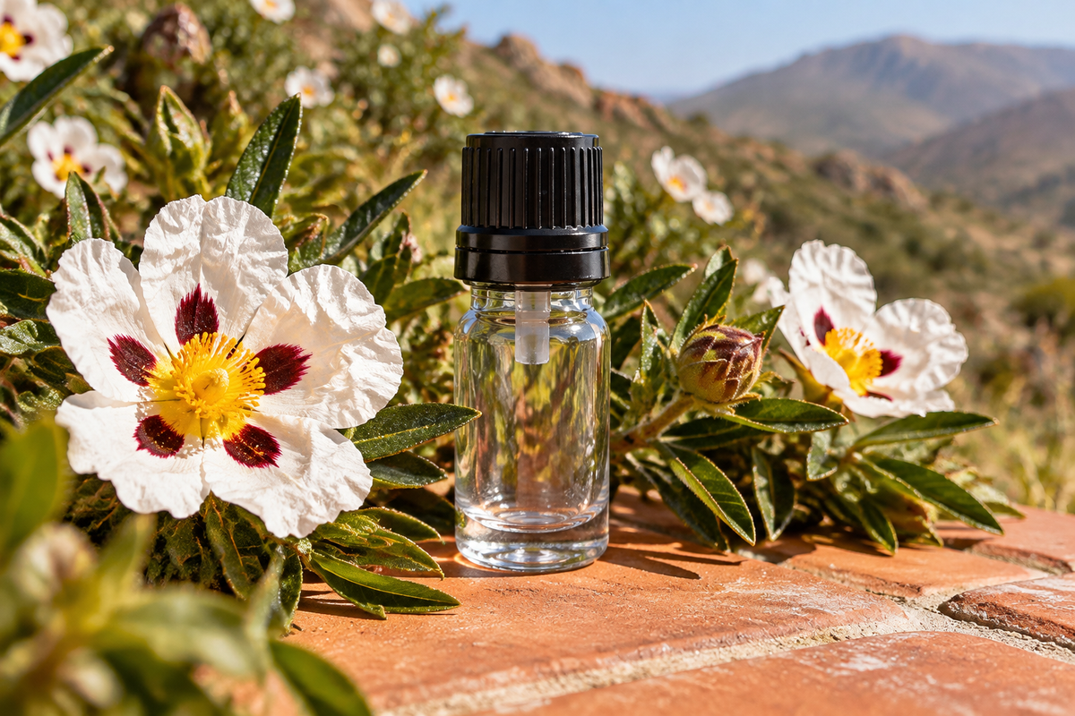 Cistus ladaniferus var. maculatus 1ml showcase, Spanish scrubland background