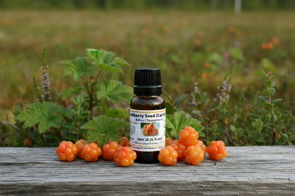 Cloudberry Seed Carrier Oil bottle with berry-laden bushes in background
