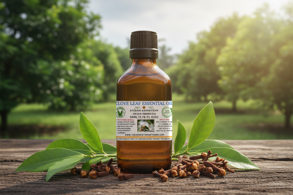 Clove Leaf Essential Oil 50ml outdoor showcase - corrected label