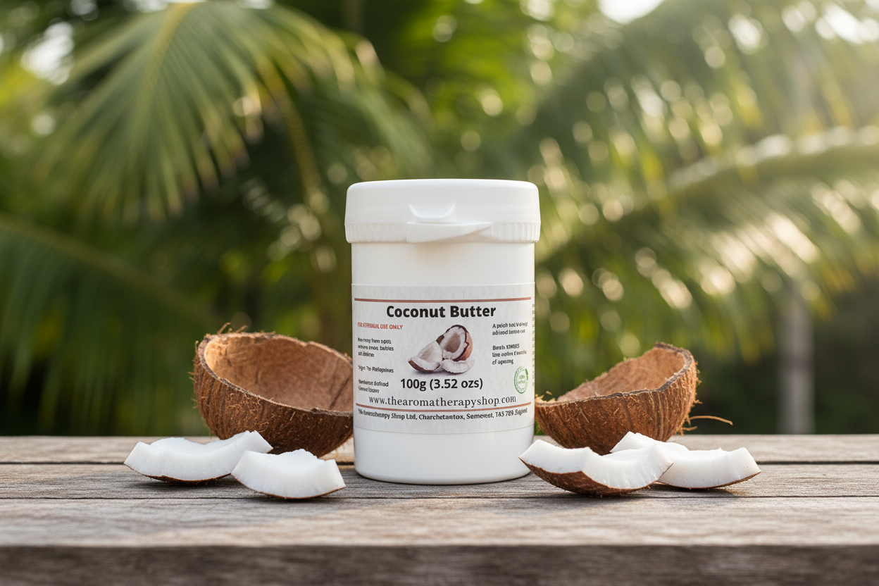 Coconut Butter 100g outdoor product photography with coconut pieces