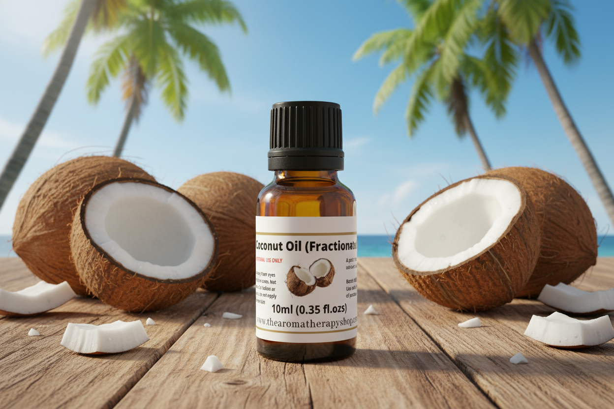 Coconut Oil (Fractionated) bottle with label on tropical surface