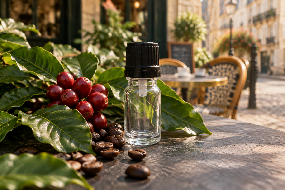 Coffea arabica 1ml showcase, French cafe background