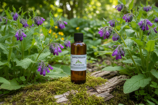 Comfrey Infused Oil 100ml bottle in natural outdoor setting