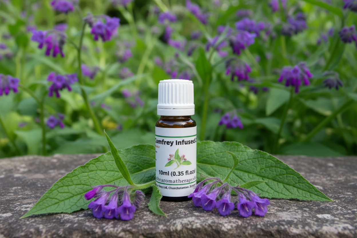 Comfrey Infused Oil bottle on natural outdoor surface with comfrey plants