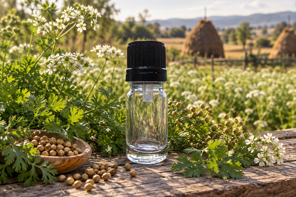 Coriandrum sativum 1ml showcase, Bulgarian farmland background