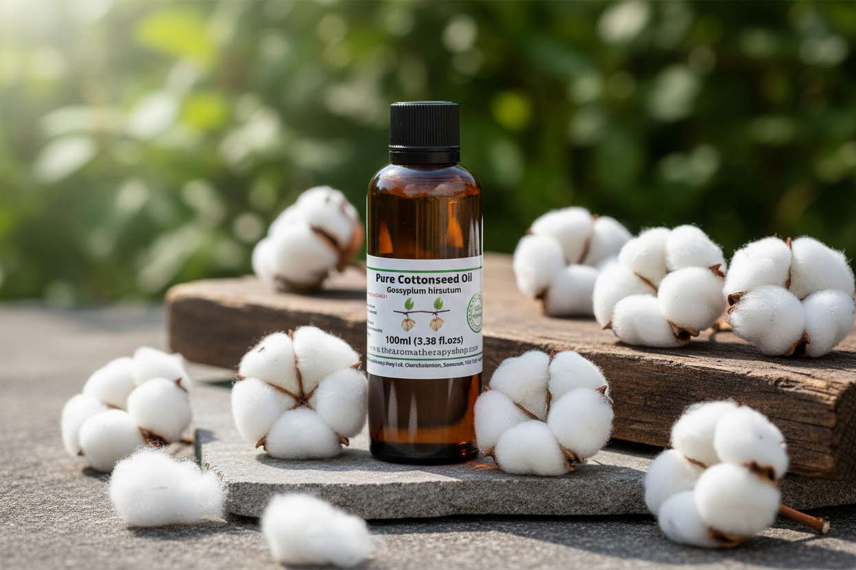 Cottonseed Oil 100ml bottle in natural outdoor setting