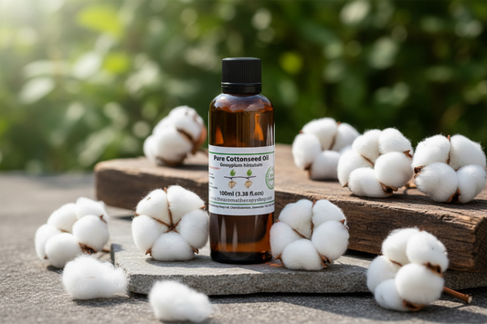 Cottonseed Oil 100ml bottle in natural outdoor setting