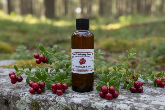 Cranberry Seed Oil 100ml tall Boston bottle in natural outdoor setting