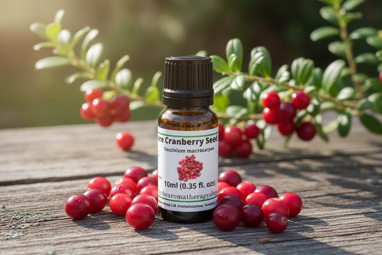 Cranberry Seed Oil bottle on rustic wooden surface with cranberries