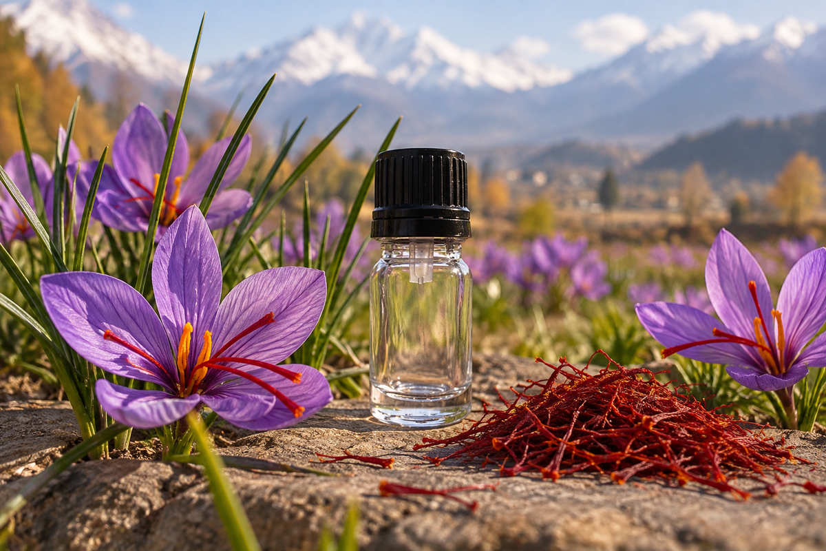 Crocus sativus 1ml showcase, Kashmiri saffron field background