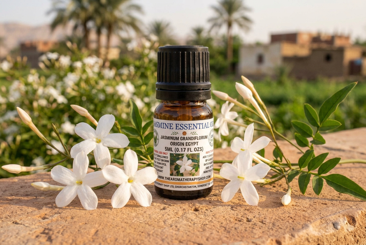 Egyptian Jasmine 5ml showcase with flowers scaled to the requested 2.5–4cm diameter on natural sandstone
