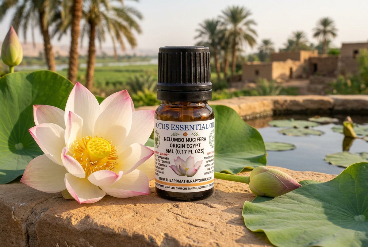 Egyptian Lotus 5ml showcase with full-sized lotus flowers and leaves on sandstone beside a Nile valley garden pond