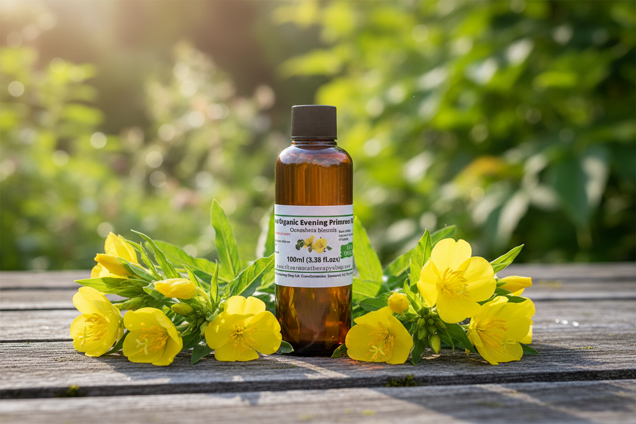 Evening Primrose Oil 100ml tall Boston bottle in natural outdoor setting