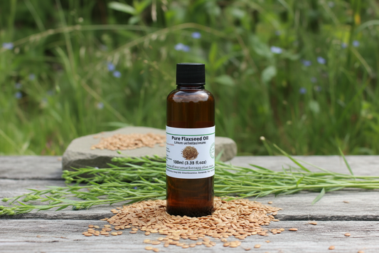 Flax/Linseed Oil 100ml bottle with abundant flax seeds