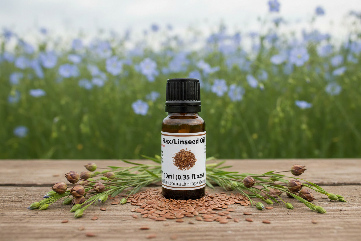 Flax/Linseed Oil bottle with flax seeds and pods, no flowers