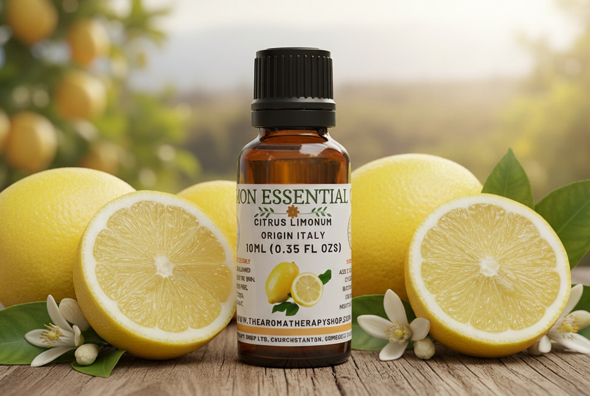 Full-sized lemons beside the 6.5 cm bottle