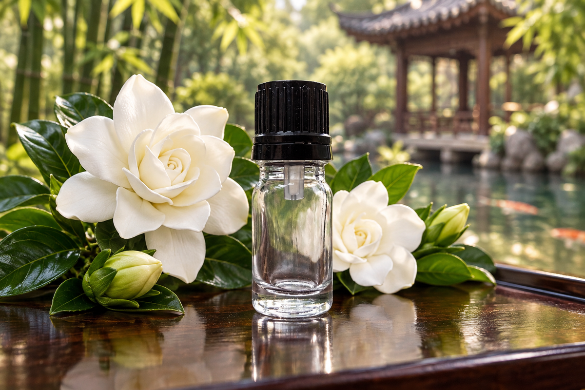 Gardenia jasminoides 1ml showcase, Asian garden background