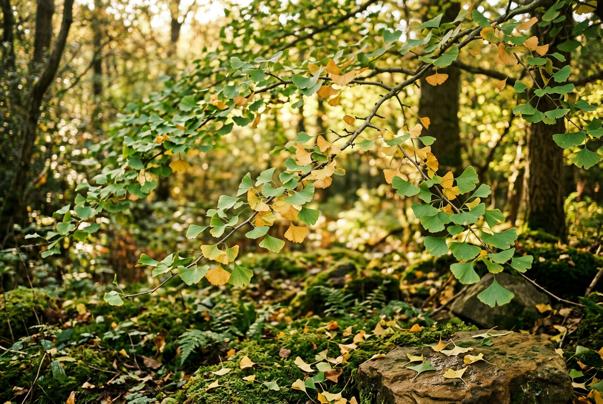 Ginkgo biloba leaves in a natural green-gold woodland setting, without bottles or packaging