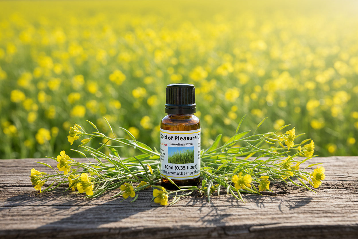 Gold of Pleasure Oil bottle on natural outdoor surface with Camelina sativa