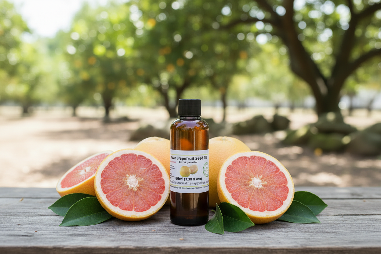 Grapefruit Seed Oil 100ml bottle with pink and yellow grapefruits
