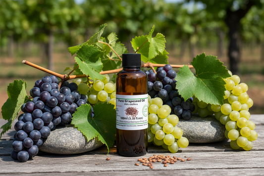 Grapeseed Oil 100ml bottle with grapes and grape seeds