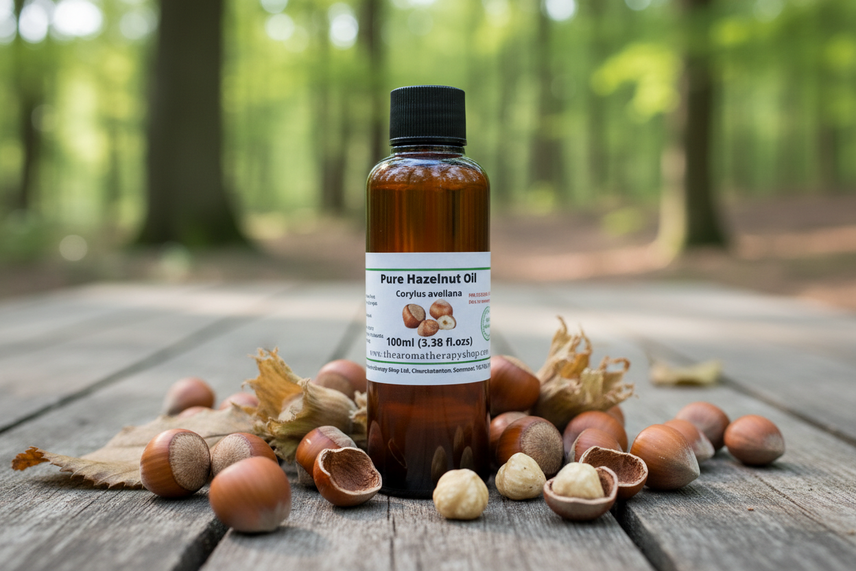 Hazelnut Oil 100ml bottle with abundant hazelnuts