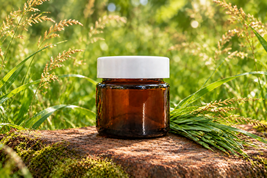 Hierochloe odorata sweetgrass showcase with the approved smaller jar on a natural tree root