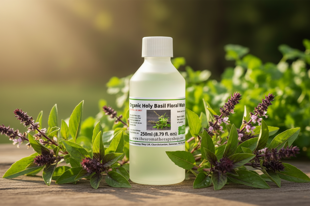 Holy Basil Floral Water 250ml bottle in sunny garden