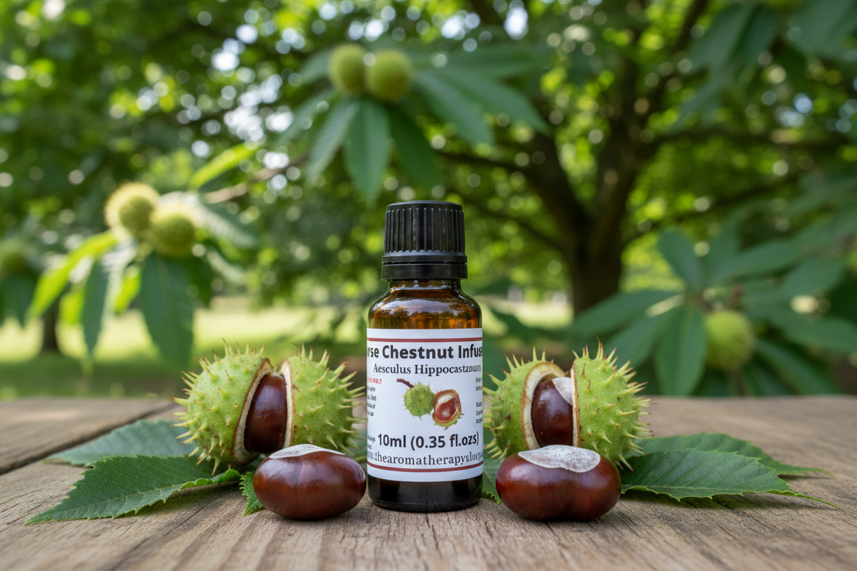 Horse Chestnut Infused Oil bottle on natural outdoor surface with horse chestnut elements