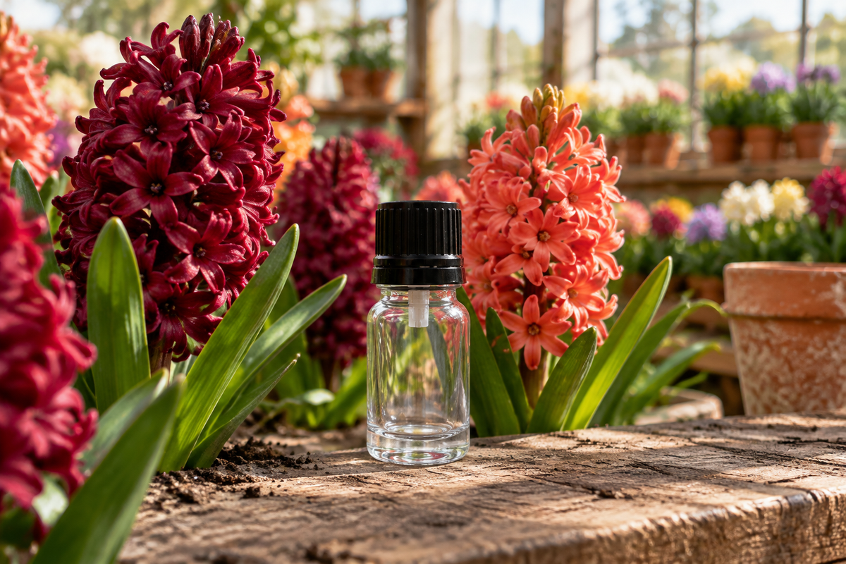 Hyacinthus 1ml showcase, burgundy and coral hyacinths, greenhouse nursery background