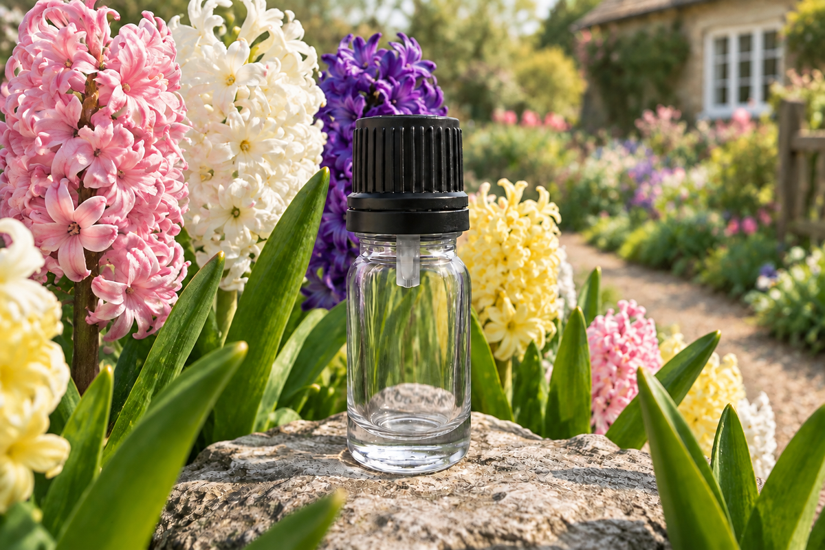 Hyacinthus 1ml showcase, mixed colours including purple, cottage garden background