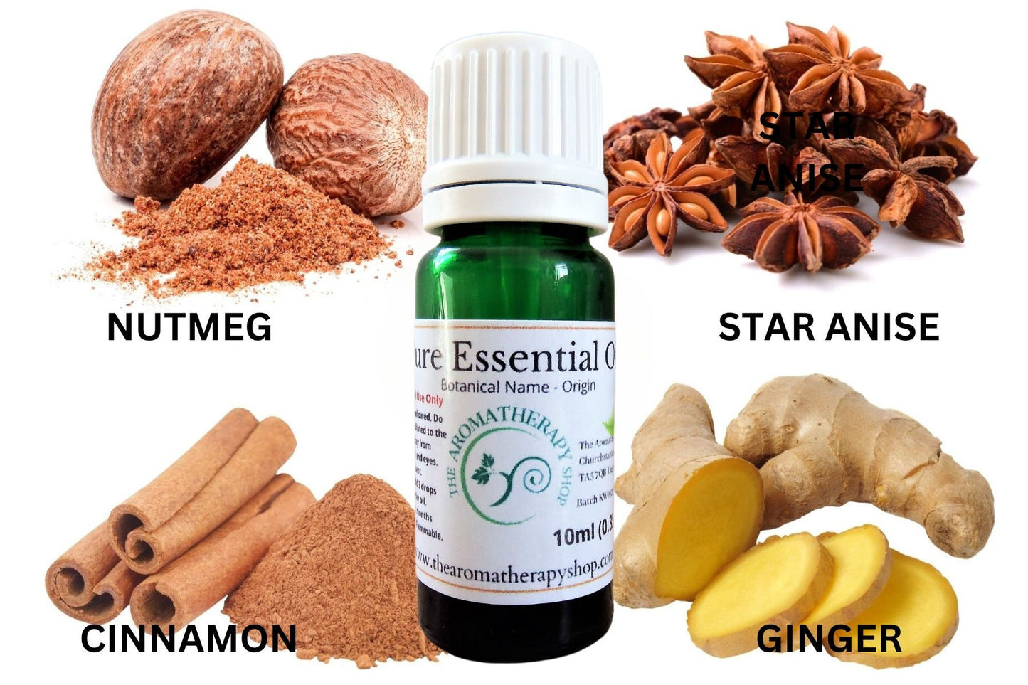 Spice Pure Essential Oils Selection (4 x 10ml Pure Essential Oils) - Cinnamon, Nutmeg, Ginger, Star Anise