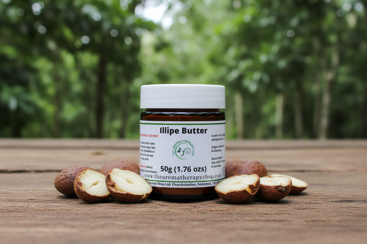 Illipe Butter 50g jar in natural tropical setting