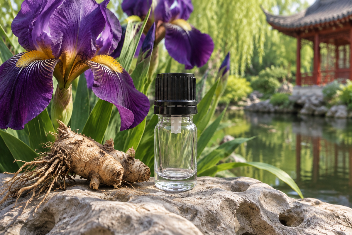 Iris germanica 1ml showcase, Chinese garden background, no koi