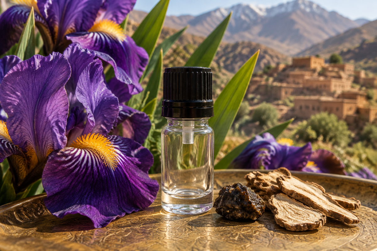 Iris germanica resinoid 1ml showcase, Atlas Mountains Berber village background