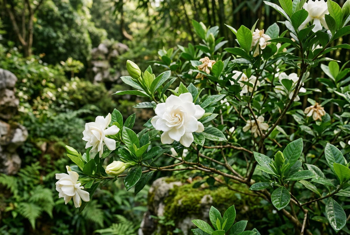 Jade Garden gardenia blossoms in a lush natural Chinese garden, with no bottle or text