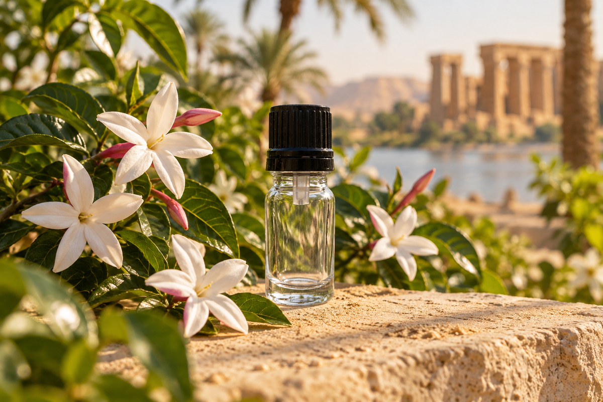 Jasmine grandiflorum 1ml showcase, Egyptian Nile background