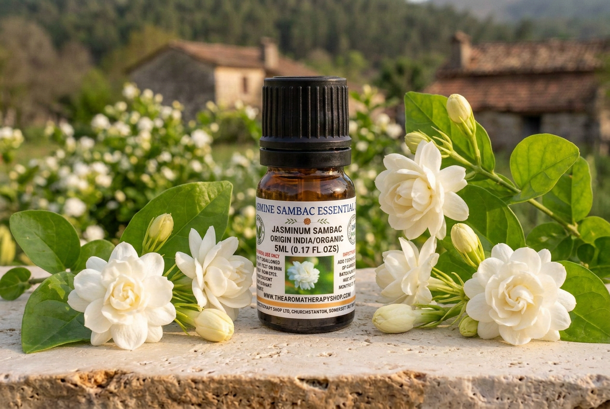 Jasmine Sambac 5ml showcase with life-sized flowers and foliage on sandstone in a Northern Indian garden