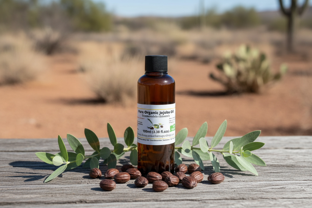 Jojoba Oil 100ml tall Boston bottle in natural outdoor setting