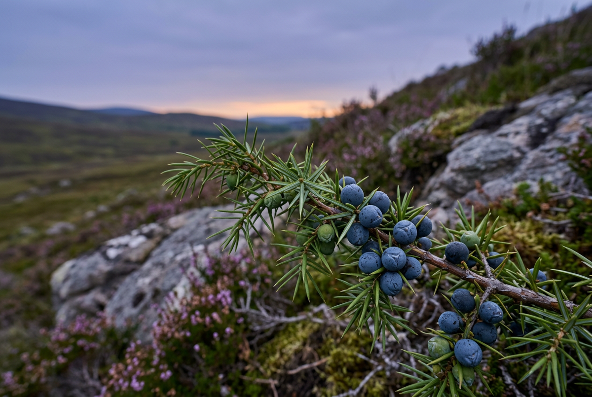 Juniper Dusk botanical showcase in a natural moorland setting, without bottles or packaging