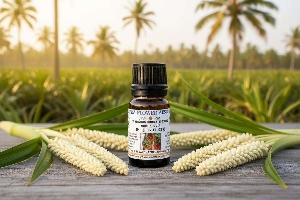 Kewra Flower Absolute 5ml with an Indian plantation background