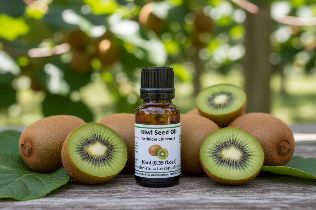 Kiwi Seed Oil bottle on natural outdoor surface with kiwi elements