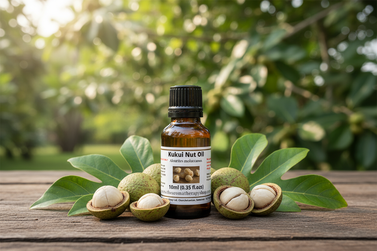 Kukui Nut Oil bottle on natural outdoor surface with kukui nut elements