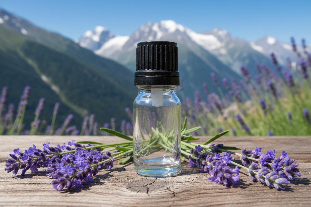 Lavandula Angustifolia French Alpine Mountain Background 1ml Bottle Showcase
